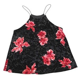 Vtg 90s Y2K Cami Black Crushed Velvet Small Tank Top Criss Cross Roses‎ Floral